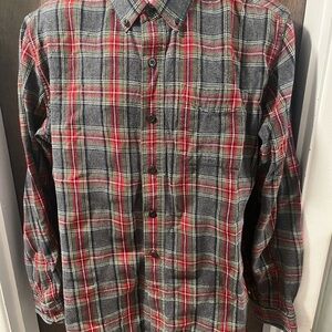 LL Bean Mens Traditional Fit Flannel Button Down Gray/Red Plaid Size Large